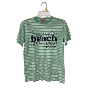 New Upcycled Hand Printed Womens Medium Striped Beach Please Crew Neck Tee